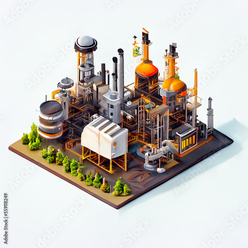 Isometric aerial view of a cartoon oil refinery on a white background. AI generated.