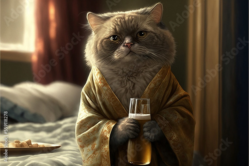 Fotografie, Obraz A cat in a bathrobe with a glass of champagne sits in the bedroom