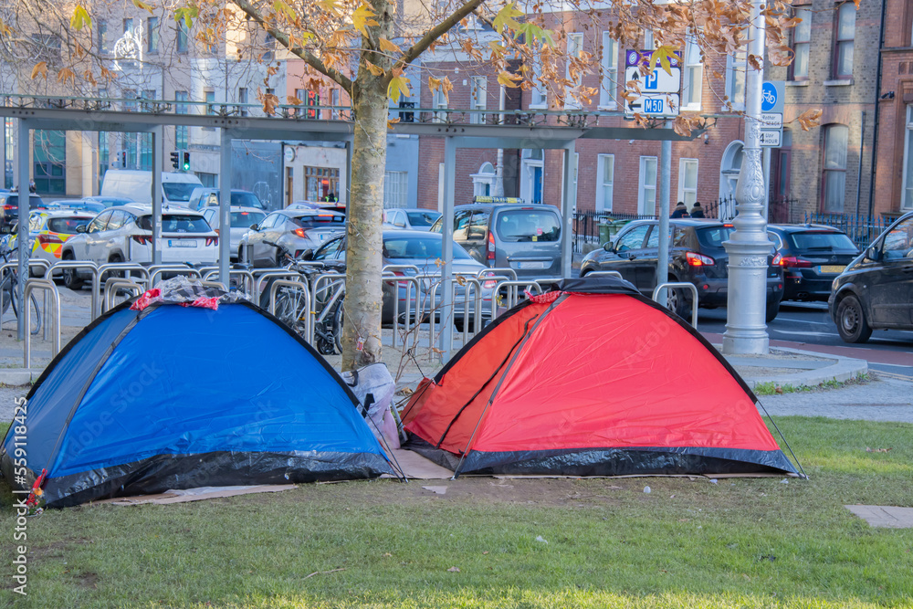 Naklejka premium tents for homeless people in the city centre , dublin