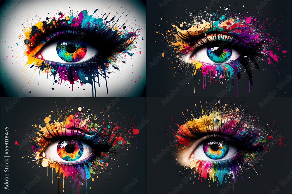 Macro view of a female eye surrounded by colored colorful splashes. AI generated.