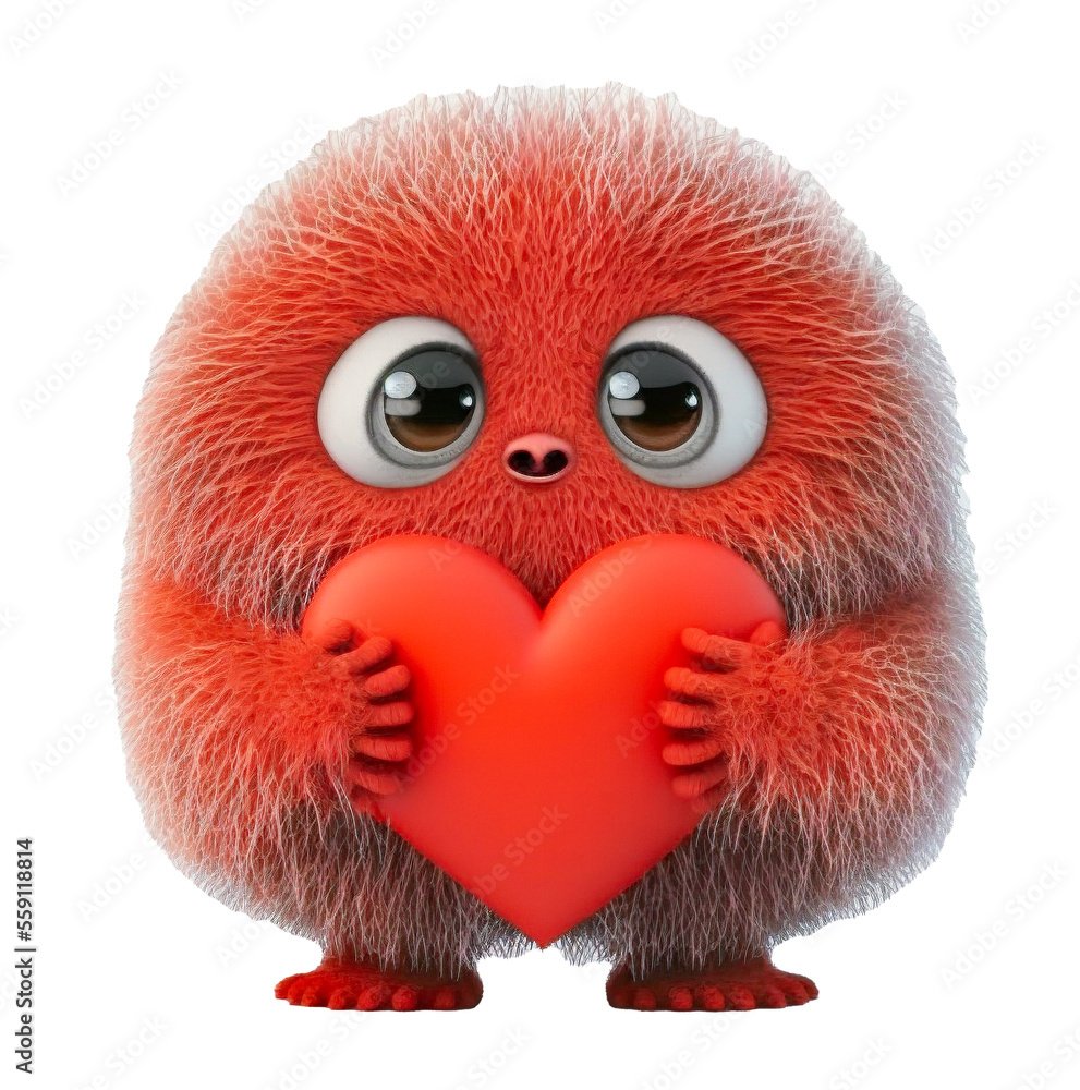 Cute adorable red furry fantasy monster holding a red valentine heart isolated on a transparant background - generative AI Cute adorable red furry fantasy monster holding a red valentine heart isolated on a transparant background - generative AI