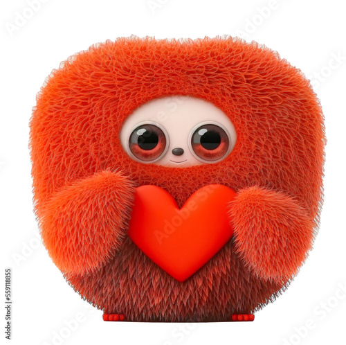 Cute adorable red furry fantasy monster holding a red valentine heart isolated on a transparant background - generative AI