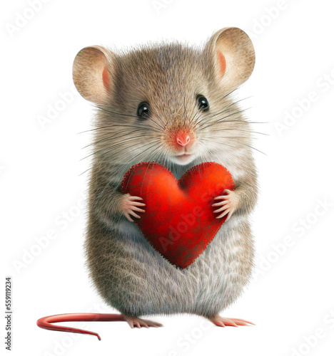 Cute adorable mouse holding a red valentine heart isolated on a transparant background - generative AI