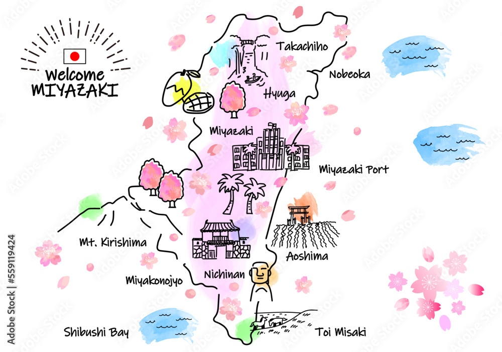 春の宮崎県の観光地のシンプル線画イラストマップ（ピンク） Stock-Vektorgrafik | Adobe Stock
