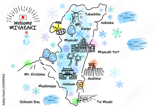 冬の宮崎県の観光地のシンプル線画イラストマップ