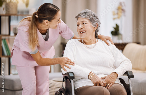 Healthcare, support and caregiver with senior woman for medical help, elderly care and consulting patient. Wheelchair disability, rehabilitation and nurse volunteer at nursing home for charity work