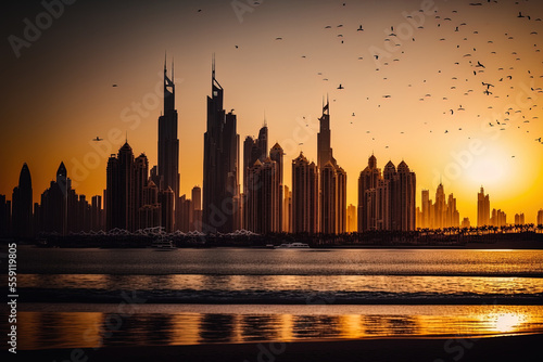 Amazing views of Dubai's downtown skyline and the world famous Jumeirah beach at dusk, United Arab Emirates. Generative AI