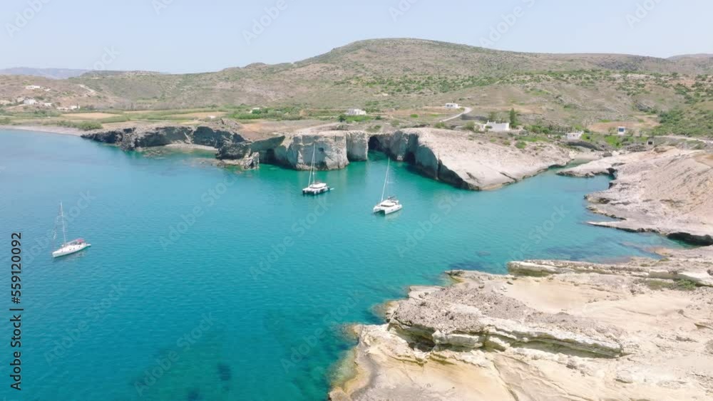 Aerial view of boats anchored near Milos island, Greece Aerial view of boats anchored near Milos island, Greece