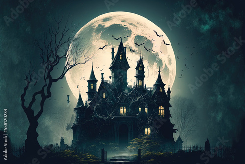 Halloween gloomy castle with a backdrop of the moon. Generative AI