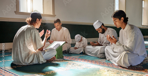 Canvas Print Muslim, child or men prayer to worship Allah in holy temple or mosque with gratitude as a family on Ramadan