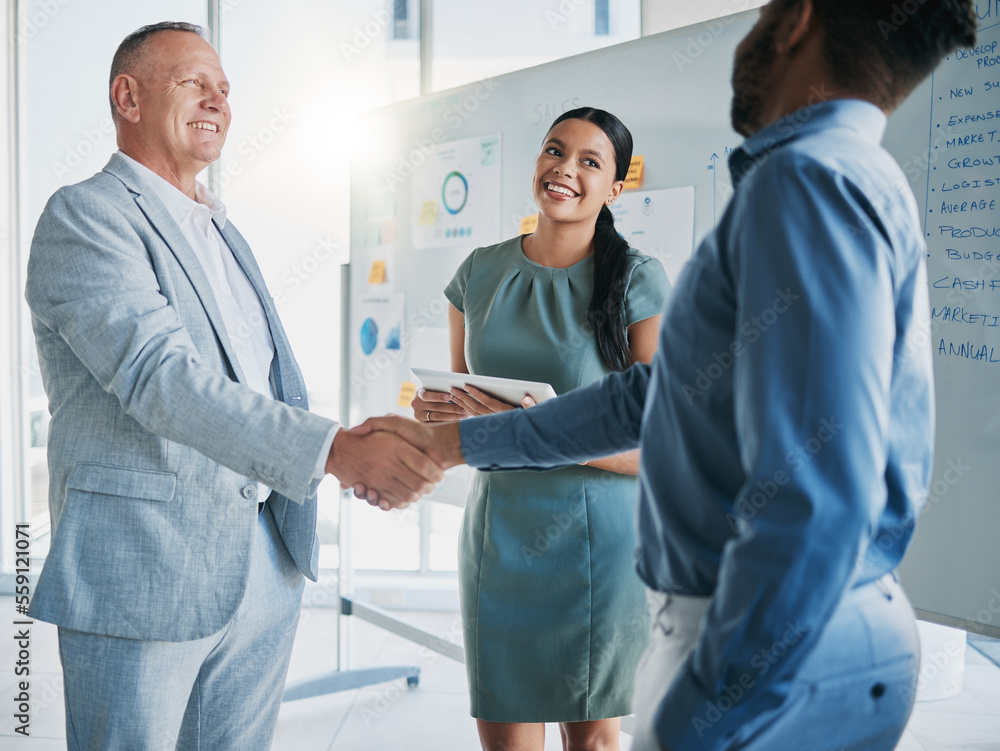 Teamwork, collaboration and business people handshake for partnership, b2b or hiring contract. Welcome, thank you and group, employees or workers shaking hands for onboarding, recruitment or deal. Teamwork, collaboration and business people handshake for partnership, b2b or hiring contract. Welcome, thank you and group, employees or workers shaking hands for onboarding, recruitment or deal.