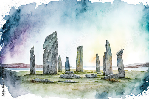 The Callanish IV stone circle, located on the Isle of Lewis in Scotland's Western Isles, is shown in a digital watercolour painting by Ceann Hulavig. Generative AI photo