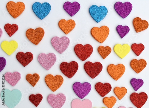 Valentine's Day decoration. Lots of hearts on a white background.