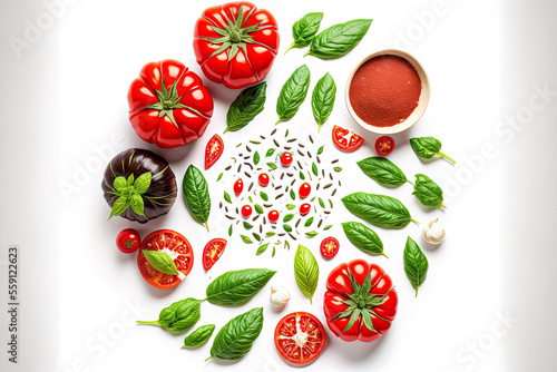 Top view of a composition with tomatoes and spices isolated on a white background. Generative AI