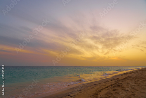 A colorful sunset on the Atlantic coast on the island of Sal in Cape Verde.