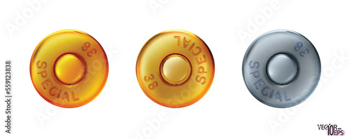 Set capsule off bullets icon gold and silver. Weapon rim and primer small arms cartridges, base. Vector