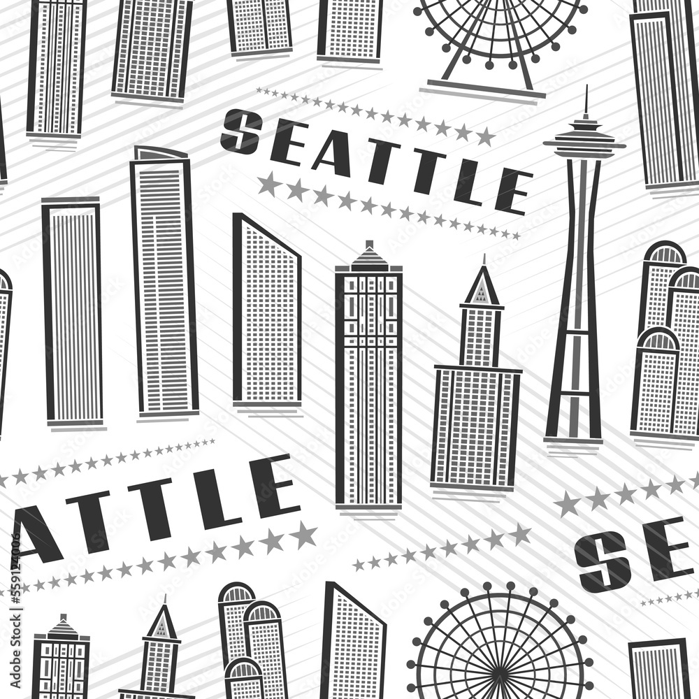 Vector Seattle Seamless Pattern, square repeat background with illustration of famous seattle city scape on white background for wrapping paper, monochrome line art urban poster with dark text seattle