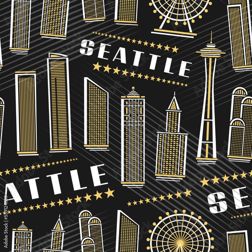 Vector Seattle Seamless Pattern, square repeat background with illustration of famous seattle city scape on dark background for wrapping paper, decorative line art urban poster with white text seattle