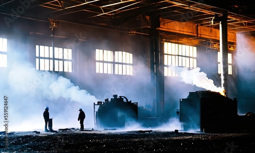 A giant metal factory with molten metal being worked on.	