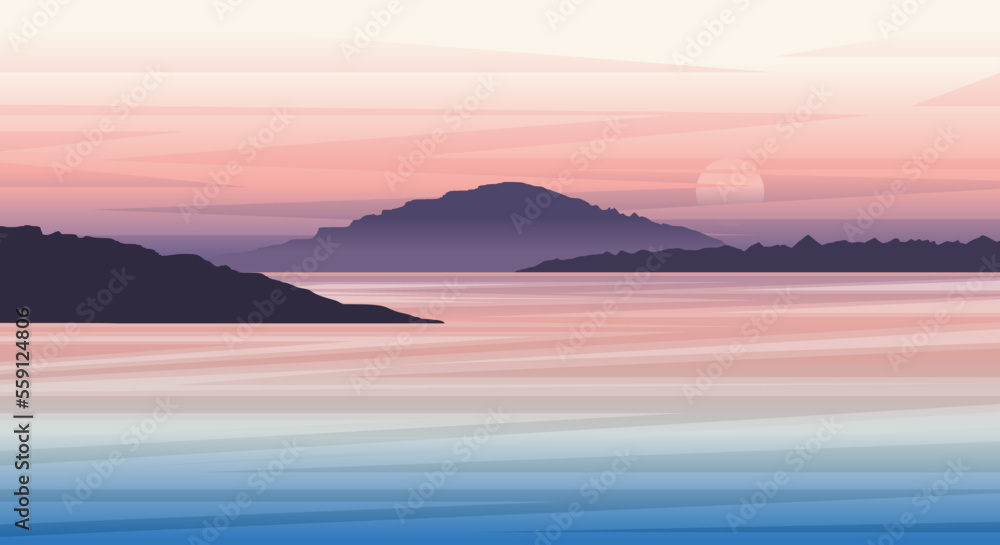 Natural scenery of mountains and sea with beautiful sky gradient landscape vector