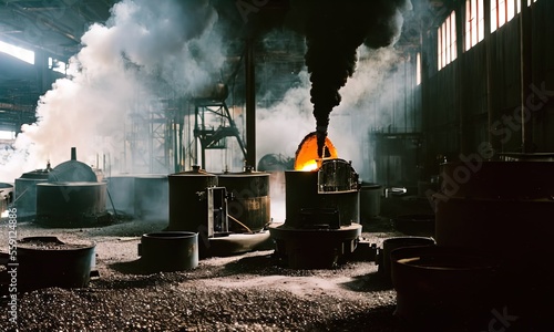 A giant metal factory with molten metal being worked on. 