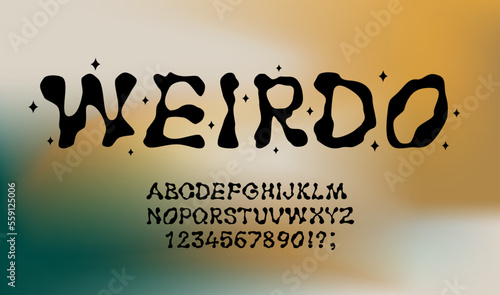 Y2K font. Liquid alphabet, melted letters and funky numbers. typeface vector set