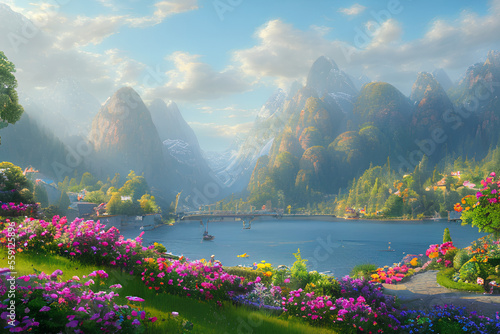 Fantastic view of a lake and mountains - fantasy