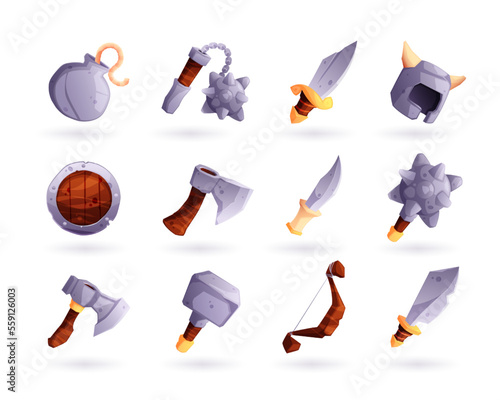 Game medieval weapon. Cartoon military armament and protection arsenal, arrow blade shield knife sword bomb mace icons for strategy gaming. Vector set of antique medieval illustration
