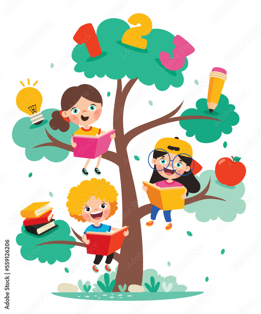 Education Tree With Cartoon Kids