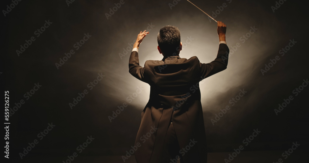 Unrecognizable Male orchestra conductor controlling music in orchestra pit by movement of his hands and white baton, studio shot on black background  - obrazy, fototapety, plakaty 