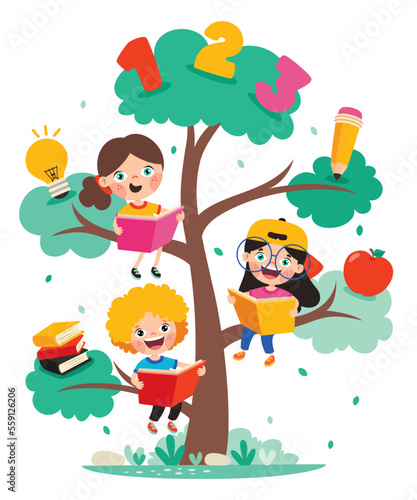 Education Tree With Cartoon Kids