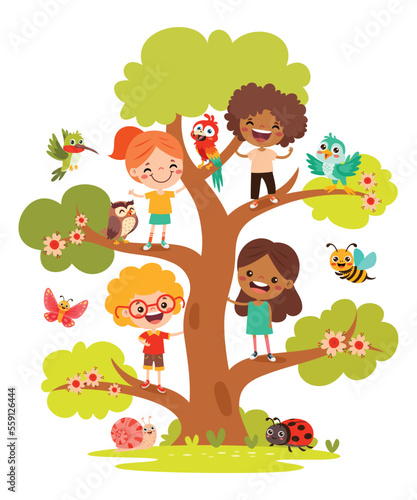 Cartoon Children Playing At Tree