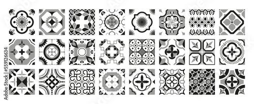 Ornamental black tiles. Portugal traditional geometric mosaic ceramic design, decorative patchwork surface mediterranean motif. Vector collection of portugal ornament textile illustration