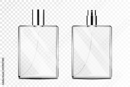 Perfume bottle. glass bottle for perfume and perfumery. Empty glass bottle with and without cap. Vector illustration realistic 3d mockup.