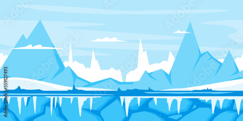 Blue mountains with snow and ice, nature game background landscape, tileable horizontally, sharp peaks, ground with icicles