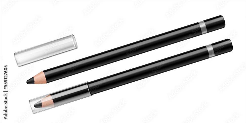 Realistic black eyeliner for makeup with transparent cap, isolated on white background. Open and closed eyeliner. Professional decorative cosmetics. 3d vector illustration. Realistic black eyeliner for makeup with transparent cap, isolated on white background. Open and closed eyeliner. Professional decorative cosmetics. 3d vector illustration.