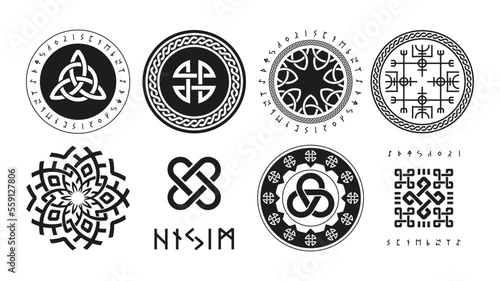 Norse runic logo. Scandinavian pagan esoteric religion symbols, viking protection rune triquetra yggdrasil vegvisir futhark valknut icons. Vector nordic set of esoteric ancient and gothic illustration