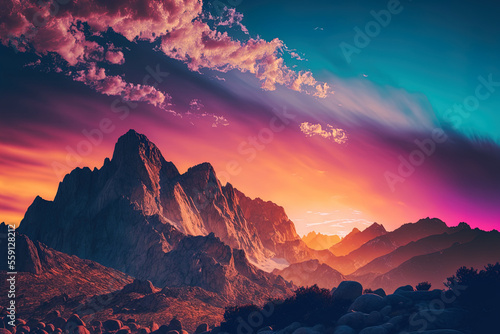 Beautiful pastel sunset over cloud covered rocky mountains. Generative AI © 2rogan