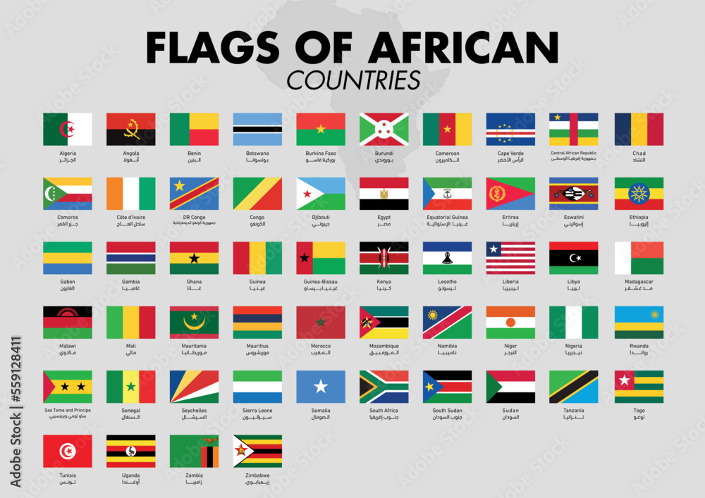 African countries Flags with country names and a map on a gray background. Vector illustration.