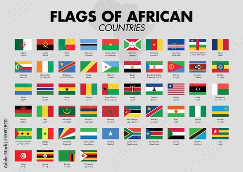 African countries Flags with country names and a map on a gray background. Vector illustration.