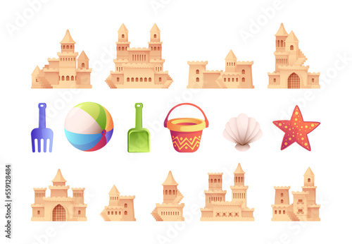 Sand castle building set. Summer beach kids sandpit with towers toy bucket ball shell shovel, cartoon building fortress on seaside. Vector collection of castle from sand illustration