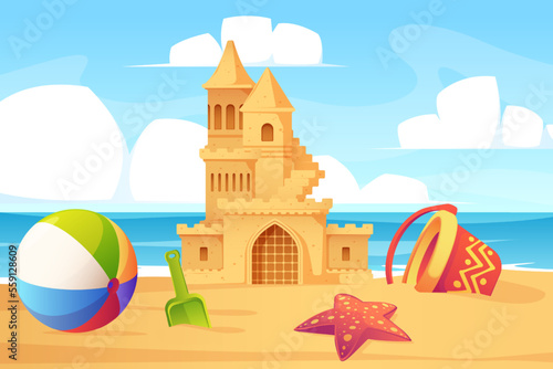 Sand castle on the beach. Cartoon summer seaside landscape with children sandpit toys towers bucket shovel, kids seashore activity. Vector background of beach vacation with sand castle llustration