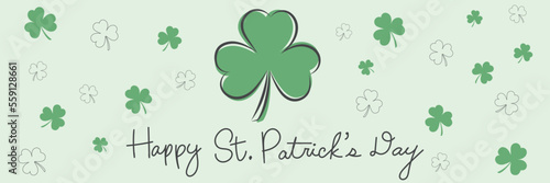 three leaf clover and many small clovers Saint Patrick's Day banner with handwritten typography lettering line design 
