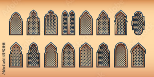 Ornamental arabic windows. Traditional islamic arch silhouettes with oriental arabesque motif pattern, vintage decorative architecture frame. Vector islamic muslim ornament illustration