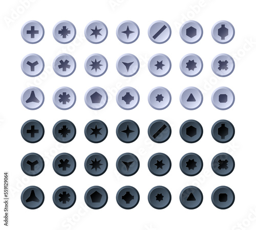 Screw heads. Cartoon round and hexagon screw-bolt caps top view, drill construction tools, mechanic workshop hardware devices. Vector isolated set of bolt steel, screw metal hexagon illustration