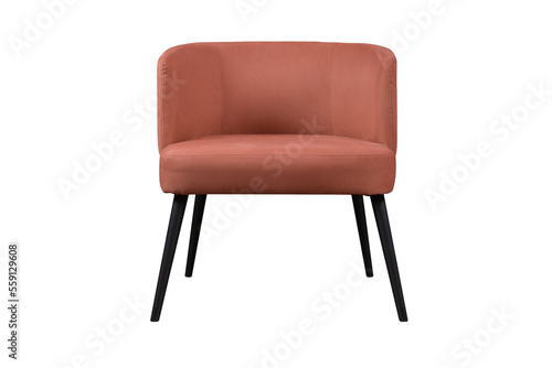Soft terracotta chair made of velor upholstery with crash effect, interior chair on a transparent background