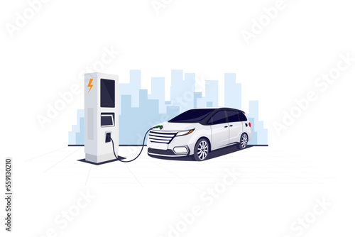 Electric car are charging at parking lot with city building at the background illustration concept