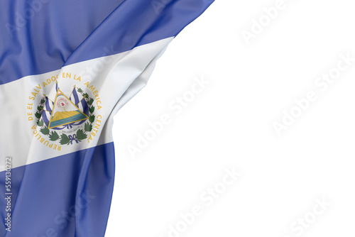 Flag of El Salvador in the corner on white background. Isolated. 3D illustration photo