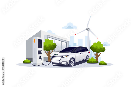 Electric car charging at the station with wind turbines and city in the background illustration