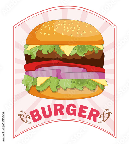 Burger ordered on the fast food menu. Hamburger with cutlet, tomatoes and onion. Logo icon vector illustration design.